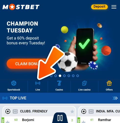 Select sportsbook or live sports section at Mostbet main page.