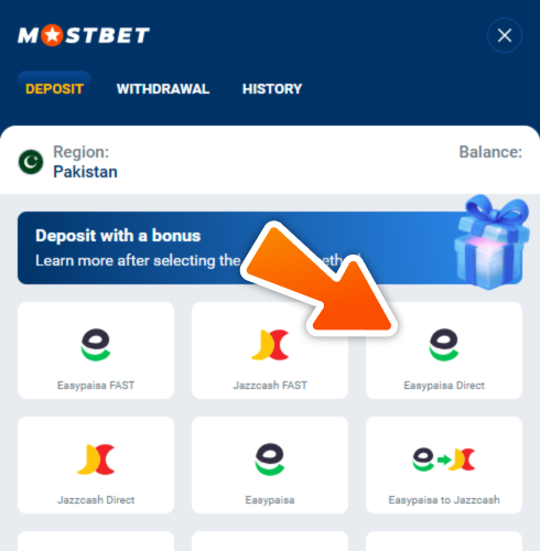 Open deposit section and fund your account for betting at Mostbet.