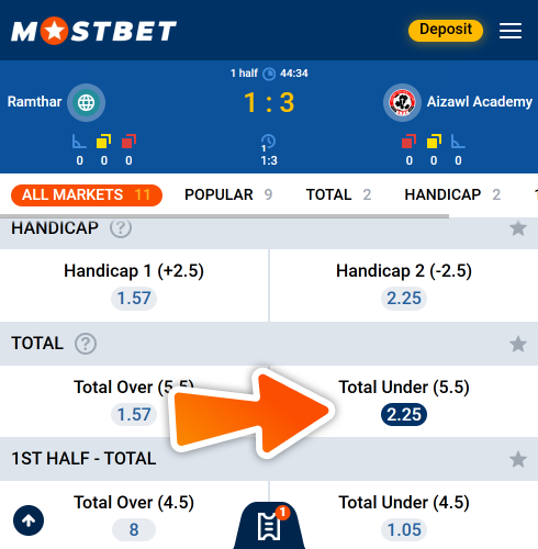 Select market to place your first bet at Mostbet sports.