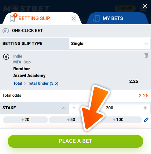 Press big green button to place bet at Mostbet sportsbook.