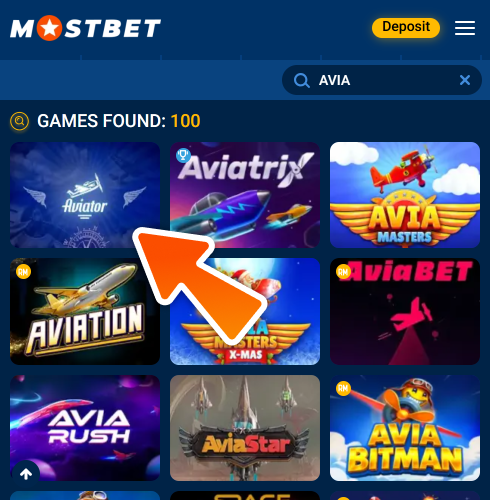 Search at Mostbet casino for Aviator game and open it.
