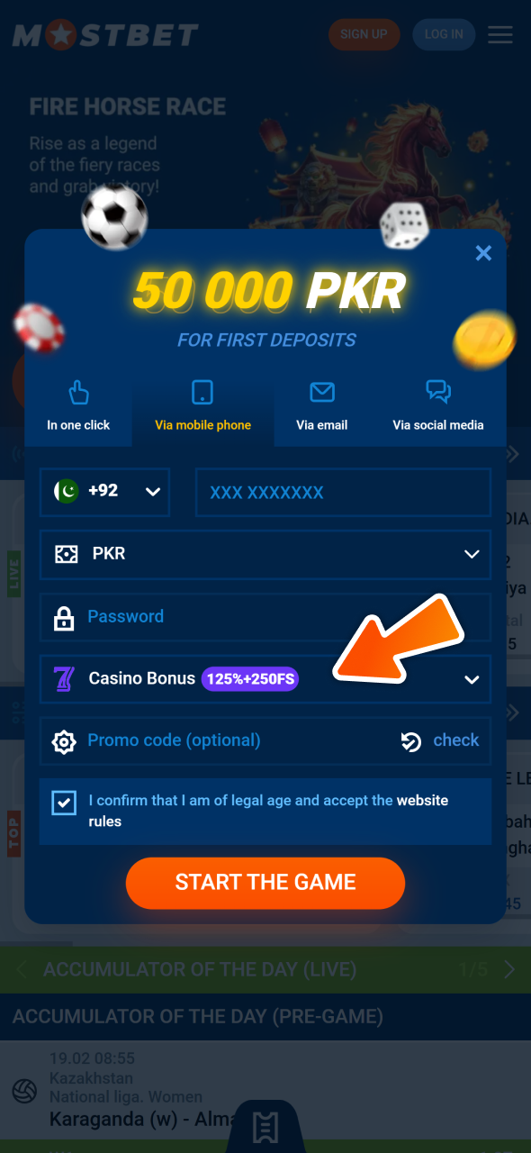 Create account and choose your welcome bonus at Mostbet registration form.