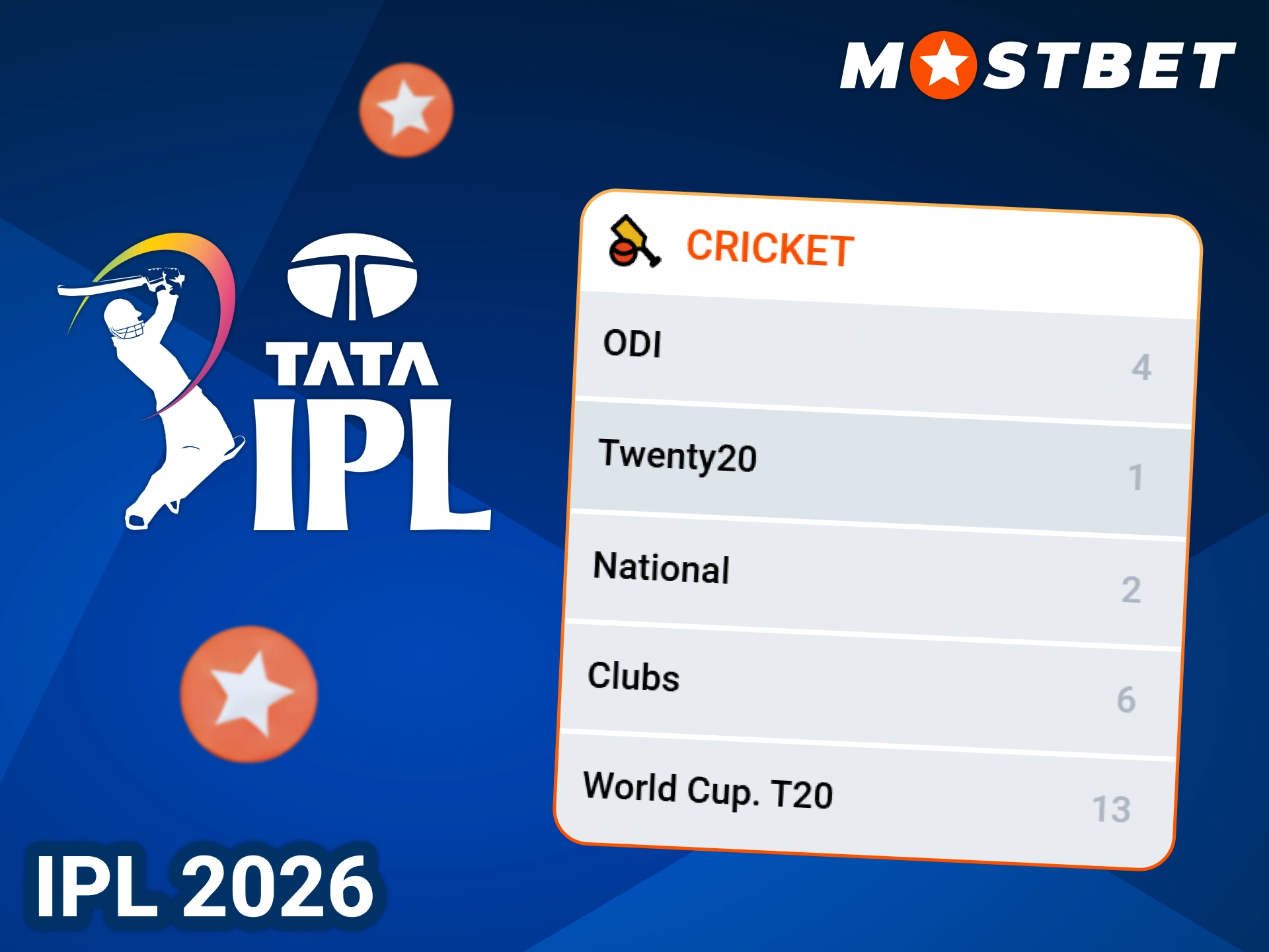 Bet on cricket TATA IPL tournament at Mostbet.