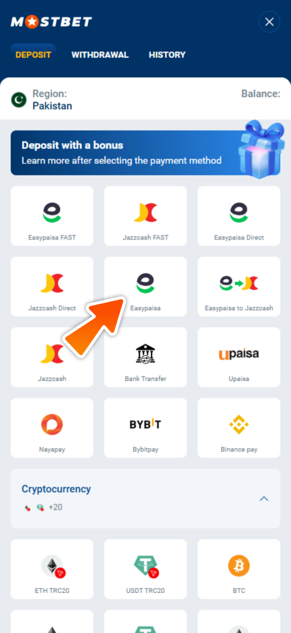 Select payment method aviable at Mostbet Pakistan.