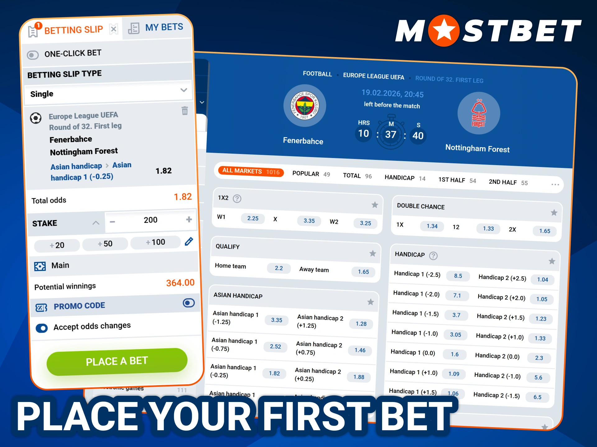 Place your first bet at Mostbet sportsbook following our instructions.