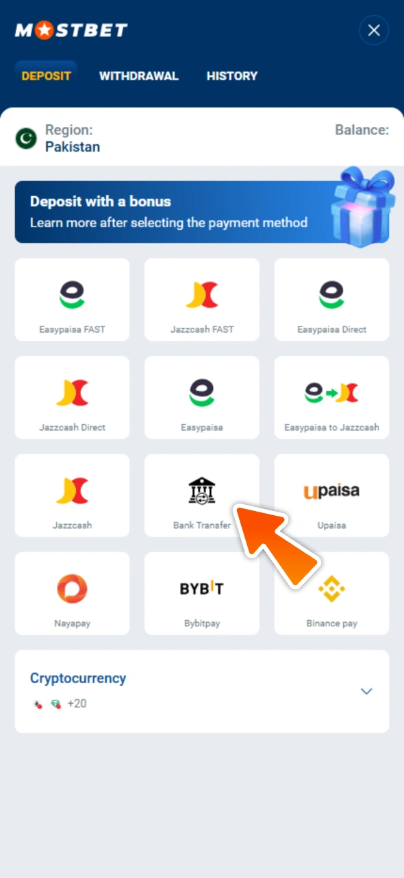 Top up your account for Plinko game at Mostbet.