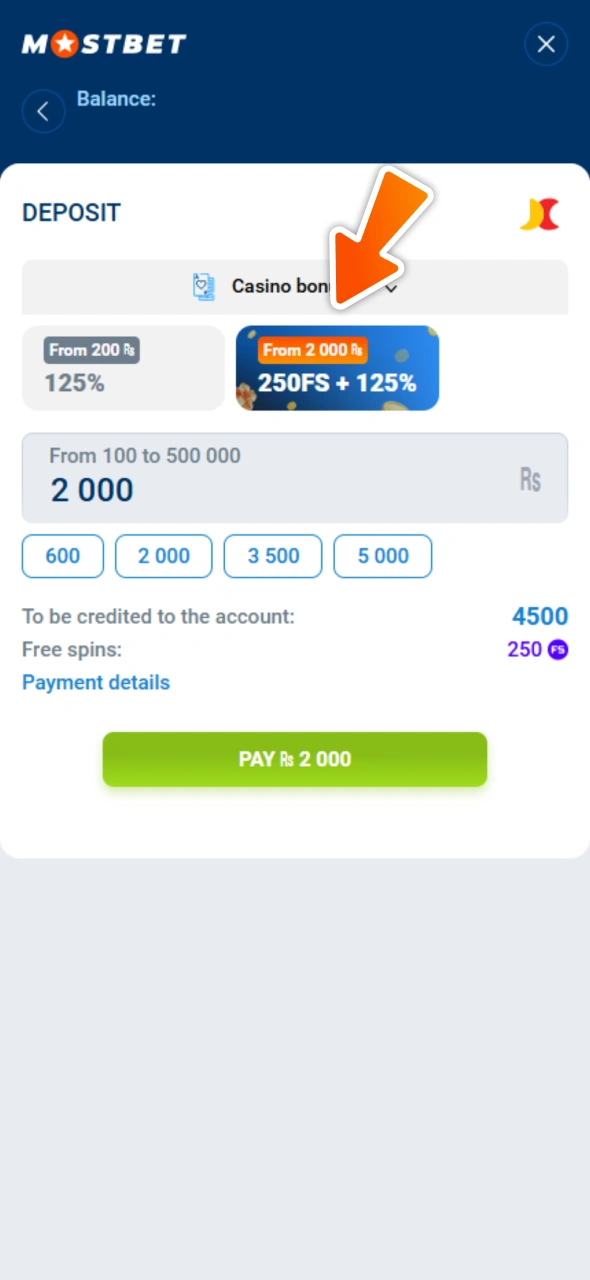 Select casino or sports bonus while making deposit at Mostbet.