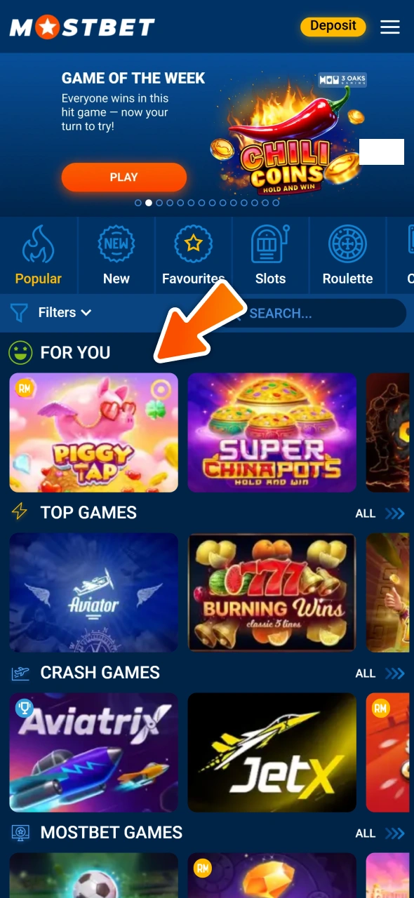 Open sports or games section and start playing at Mostbet.