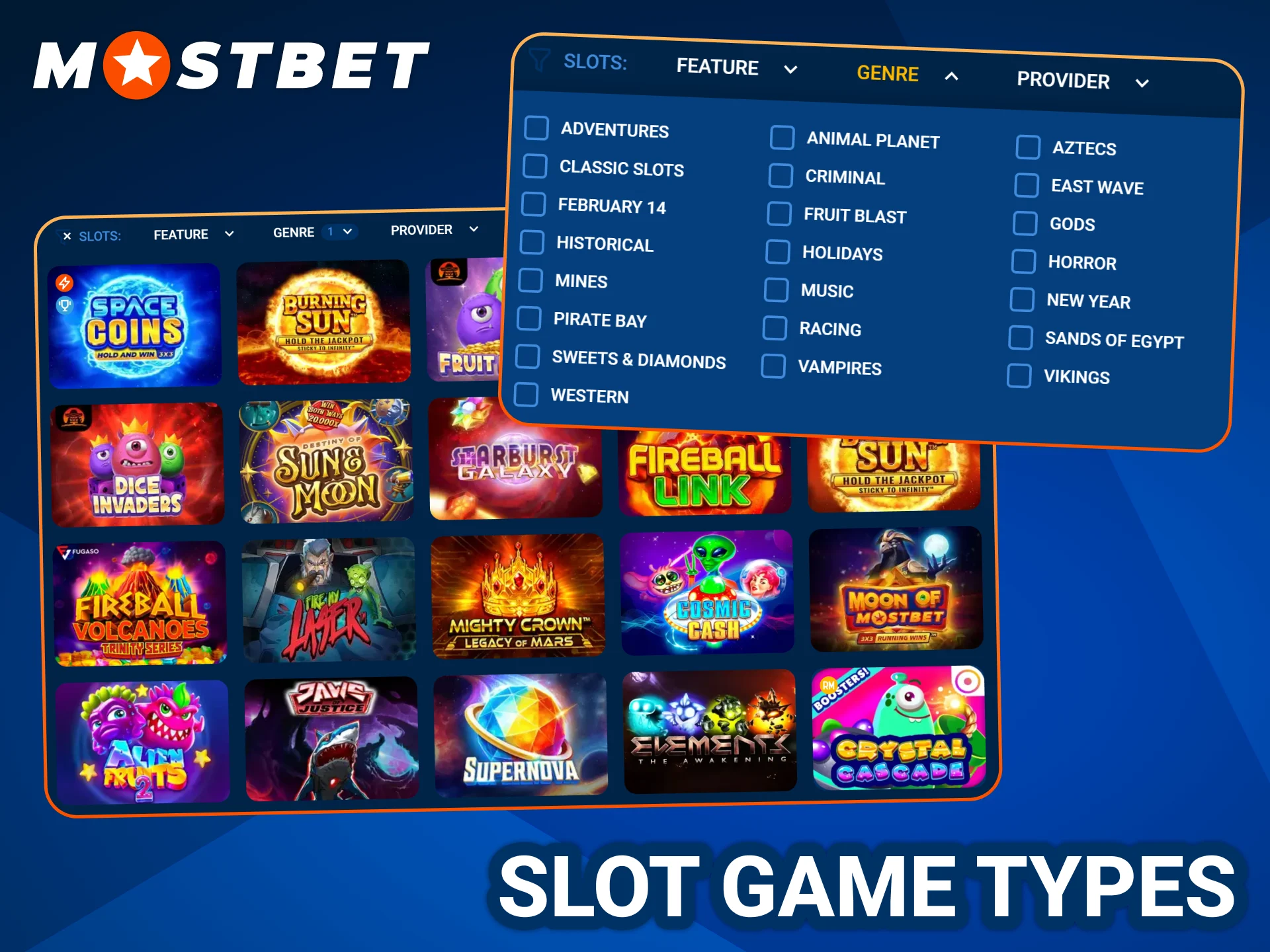 Try out different game types at Mostbet casino.