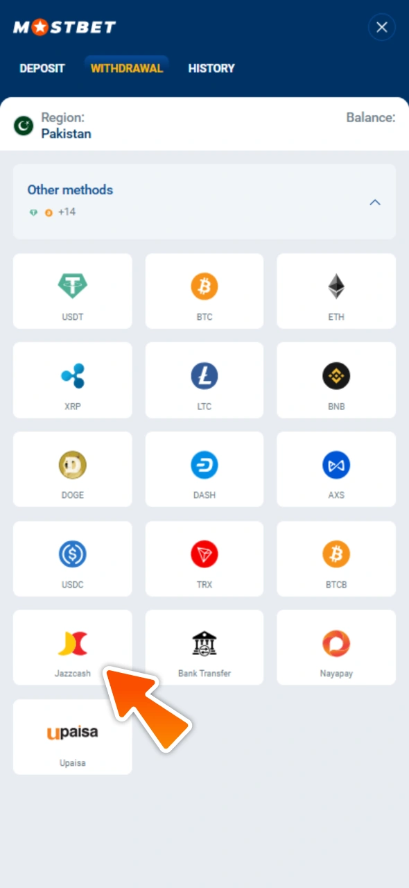 Select preferable withdrawal method at Mostbet.